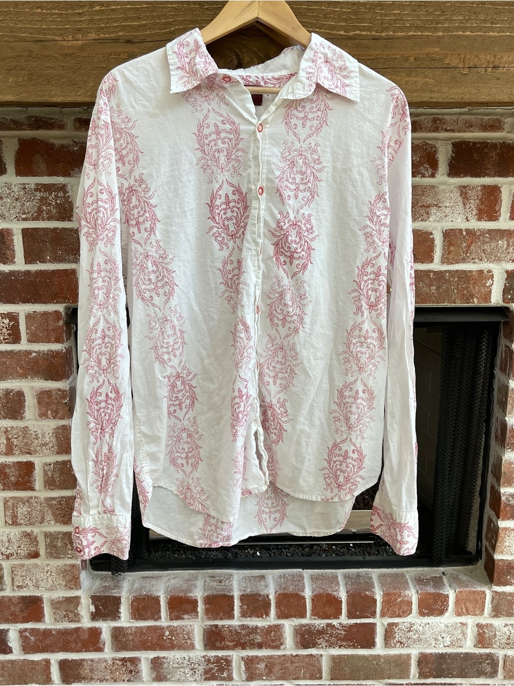 Vintage Red Men's White Button-Up Shirt with Damask Print Sz XL